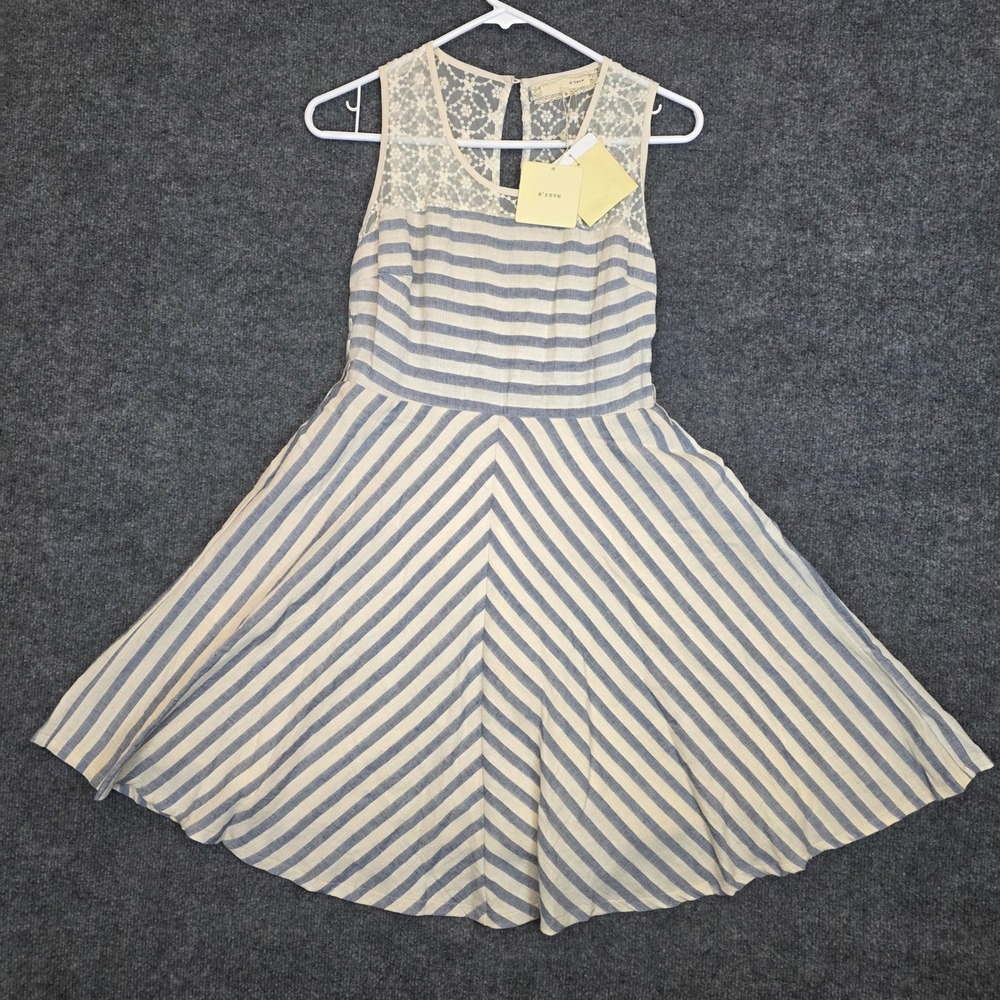 A'reve Anthropologie Dress Womens Small Blue Cream Striped Lace Yoke Boho Hippie